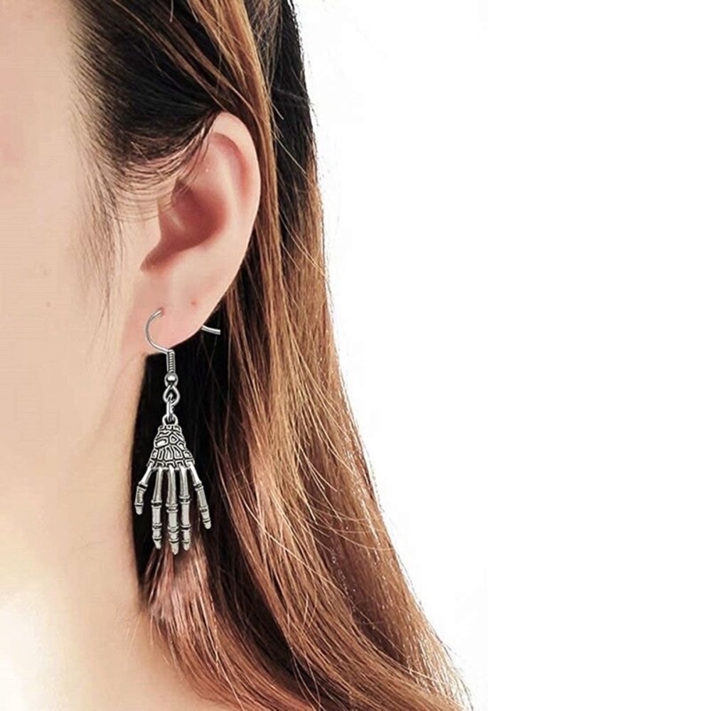 Any 2/$20! Antiqued Silver Skeleton Hand Earrings - Picture 4 of 8